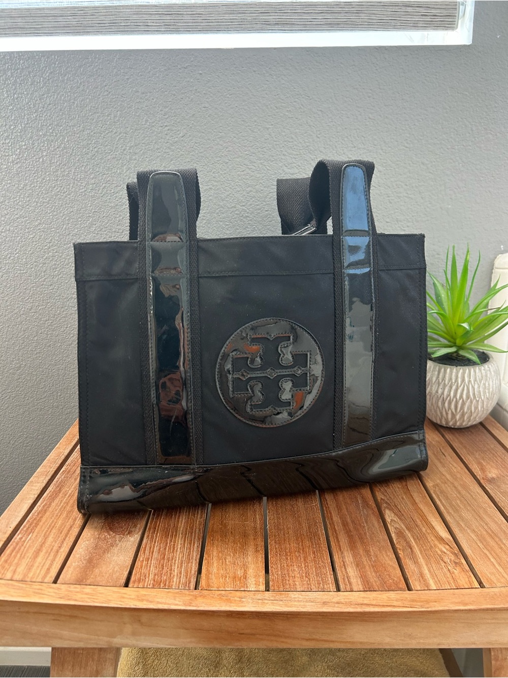 Tory Burch Black Nylon and Patent Leather Tote